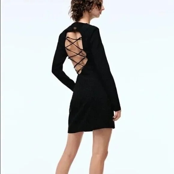 NEW! ZARA black long sleeve lace up asymmetrical mini dress size Small - Picture 1 of 7